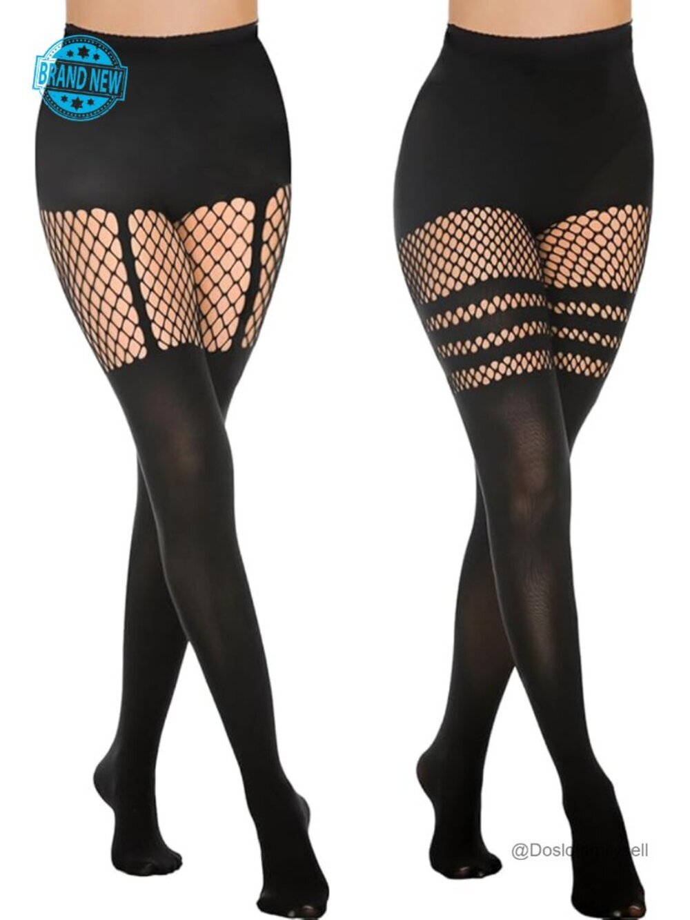 Faux Thigh High Tights Mock Suspender Pantyhose Striped Goth Fishnets 2 Pack